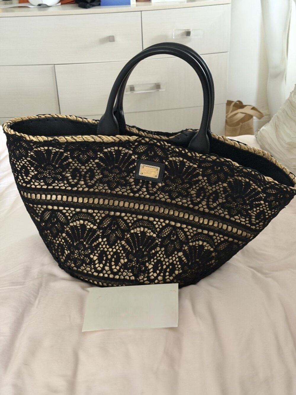 Dolce & Gabbana Kendra Straw Bag with Black Lace Overlay